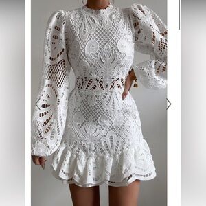KISS ME NOW MINI DRESS - LONG PUFF SLEEVE DRESS IN WHITE LACE - size 6